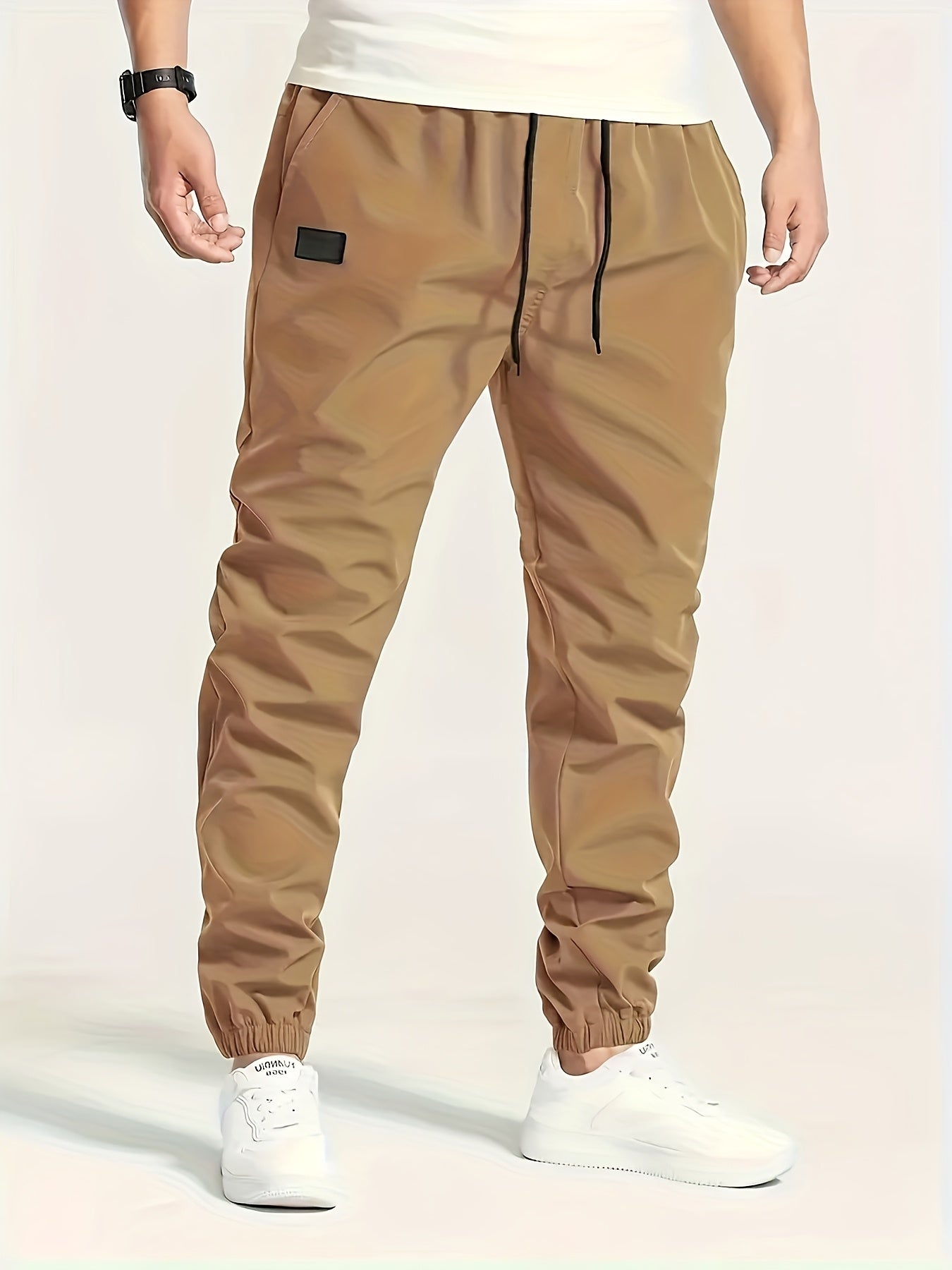 Men's Beige Cargo Pants with Multiple Pockets - Machine Washable, Comfortable Loose Fit, Ideal for Outdoor Activities, Durable Polyester Fabric