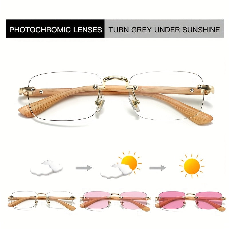 1pc Fashionable Retro Frameless Rectangular Glasses, Metal Frames with Hinges, Lenses will change color and not make everything too dark, so you can wear them for evening walks in the city, holiday photos, beautiful birthday