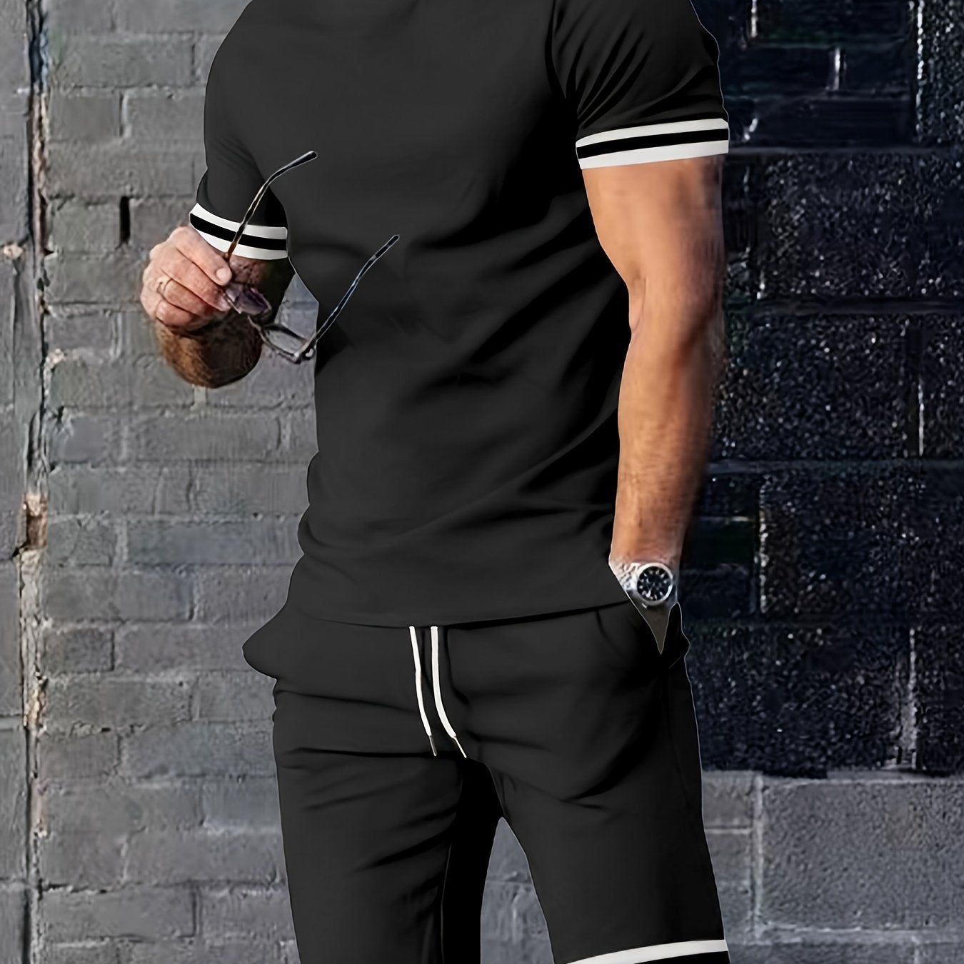 2025 New Casual Men's Set Round Neck Short Sleeve T-Shirt Summer Drawstring Shorts Solid Color Men's Suit