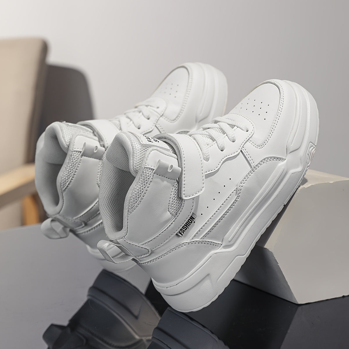 Boys & Girls Mid-Top Sneakers with Closure - Lightweight PU & EVA Cushioned Sole, All-Season Comfort for School, Play & Casual Wear - White