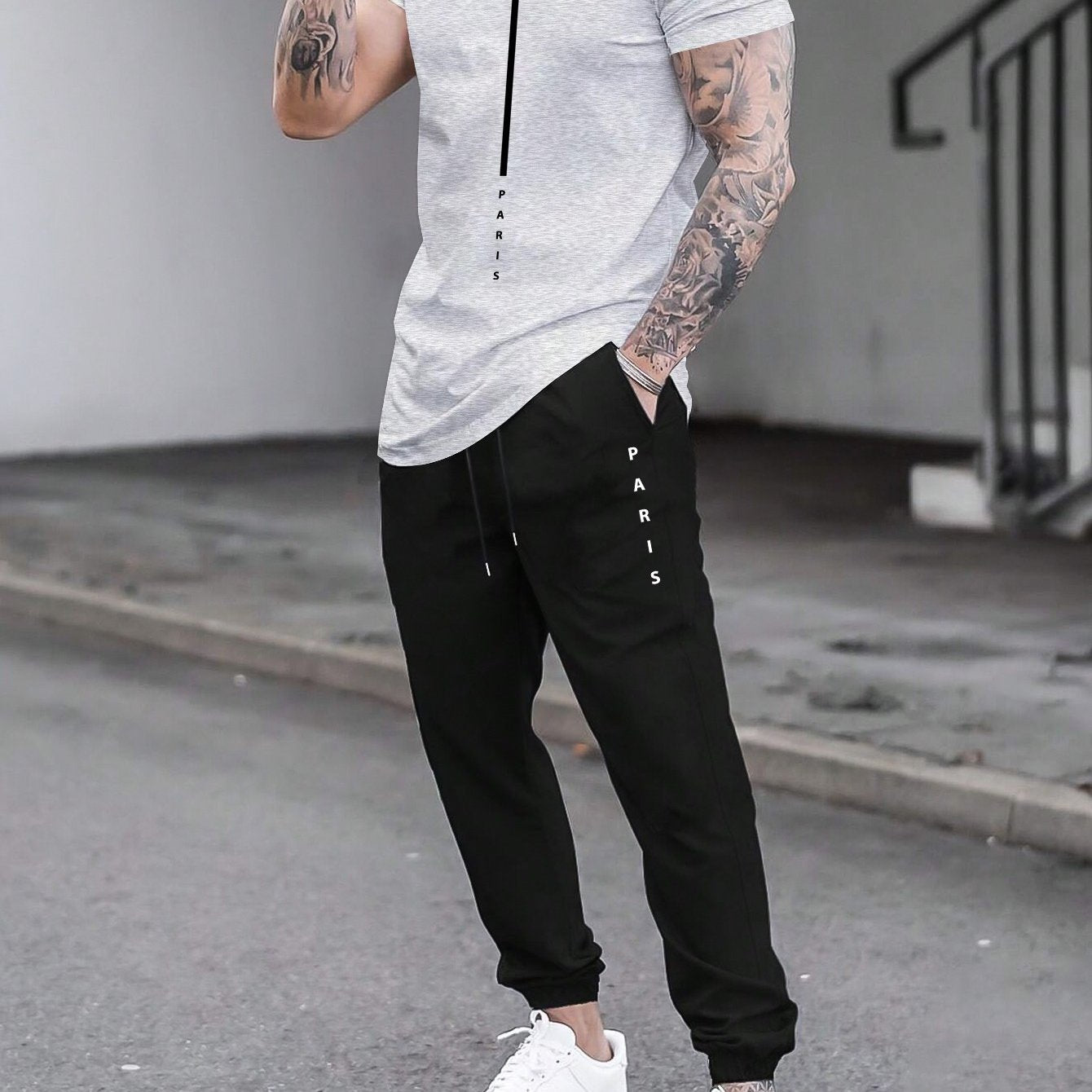 1set Men'S Casual Sportswear Set, Geometric Pattern Short Sleeve T-Shirt and Drawstring Joggers, Knitted Polyester and Elastane Blend, Round Neck, Regular Fit, Four Seasons Outfit