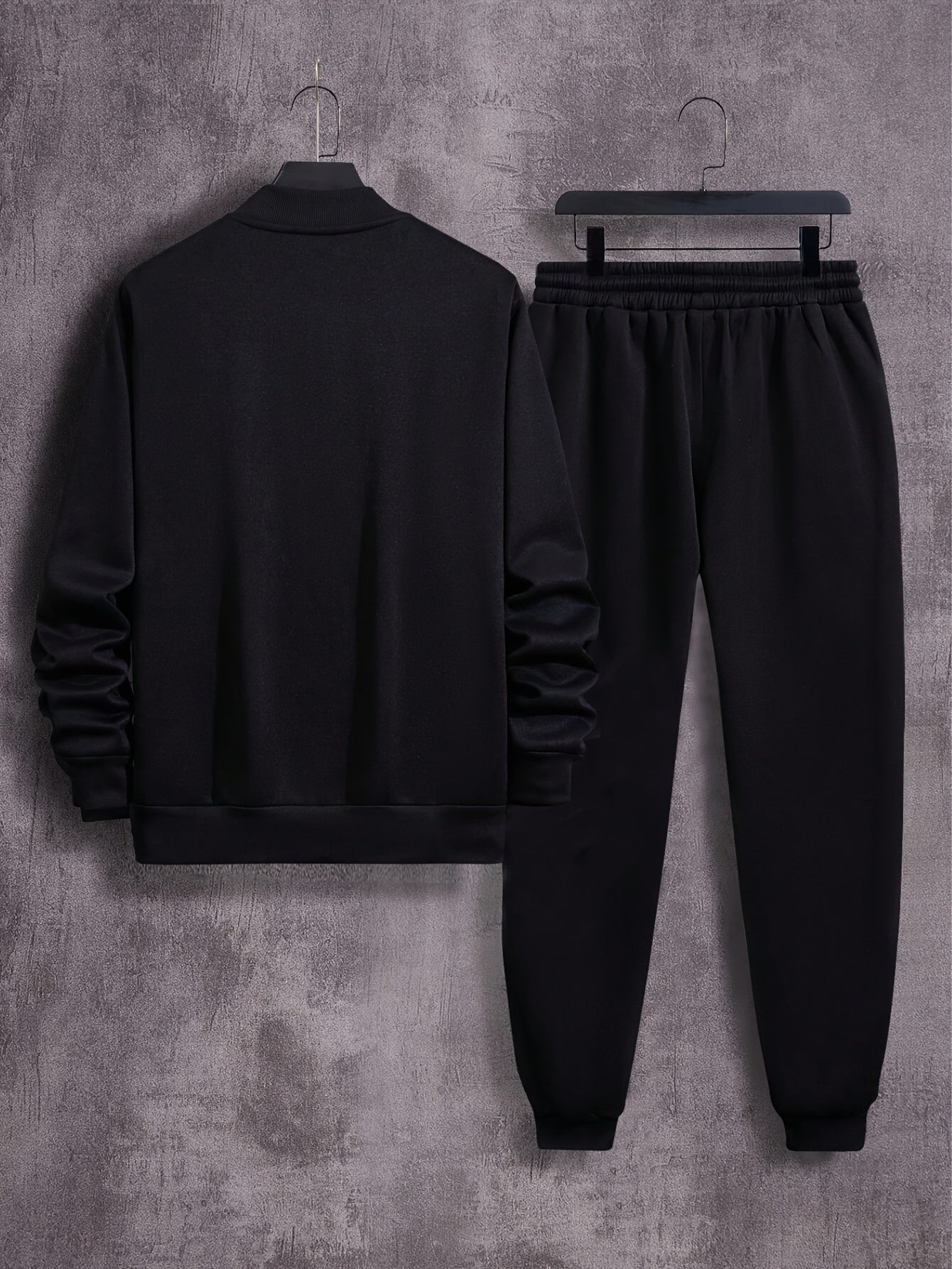 Men'S Casual Polyester Sweatsuit Set with Baseball Collar and Slight Stretch - Solid Color Long Sleeve Knit Fabric Track Suit for Fall/Winter