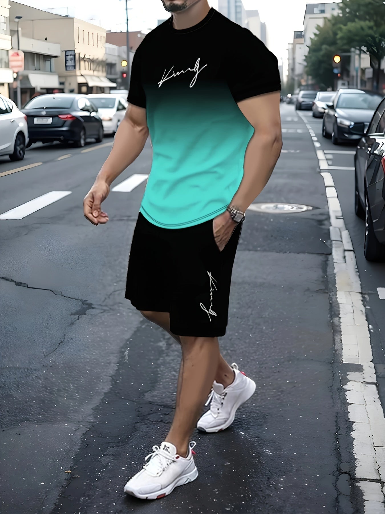 King Signature Men's Two-Piece Athletic Outfit: Graduated Color T-Shirt and Shorts - Summer Collection - High-Quality King Print - Men's Casual Sportswear - Middle East