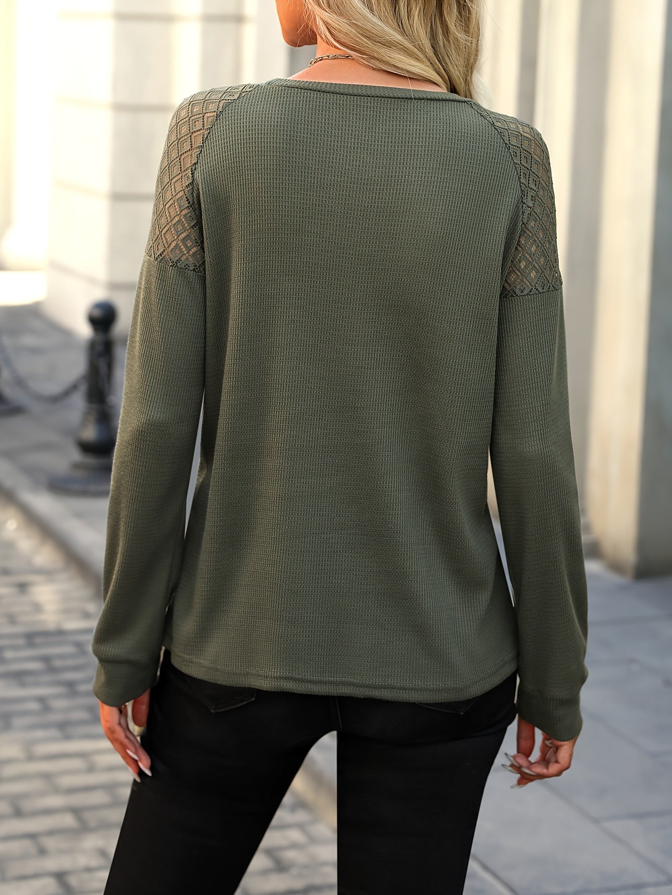 Contrast Lace Crew Neck T-Shirt, Casual Long Sleeve Top For Spring & Fall, Women's Clothing