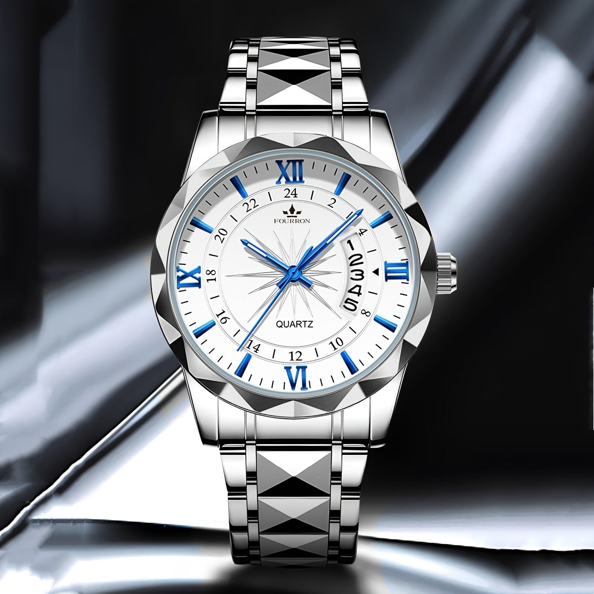 A New FOURRON Brand Men's Quartz Watch With Stainless Steel Strap And Case, Trendy And Luxurious Multi-functional Roman Numeral Dial, Luminous Watch, A Great Gift For Friends' Birthdays, Holidays, And Parties.