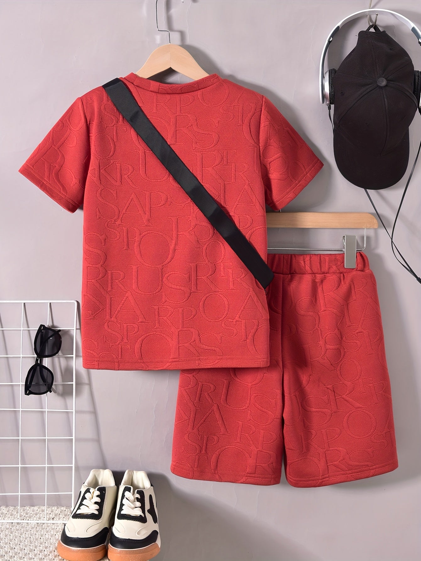 Boys' Stylish White Short Sleeve T-Shirt + Casual Shorts + Fashion Crossbody Bag Set, Perfect for Outdoor