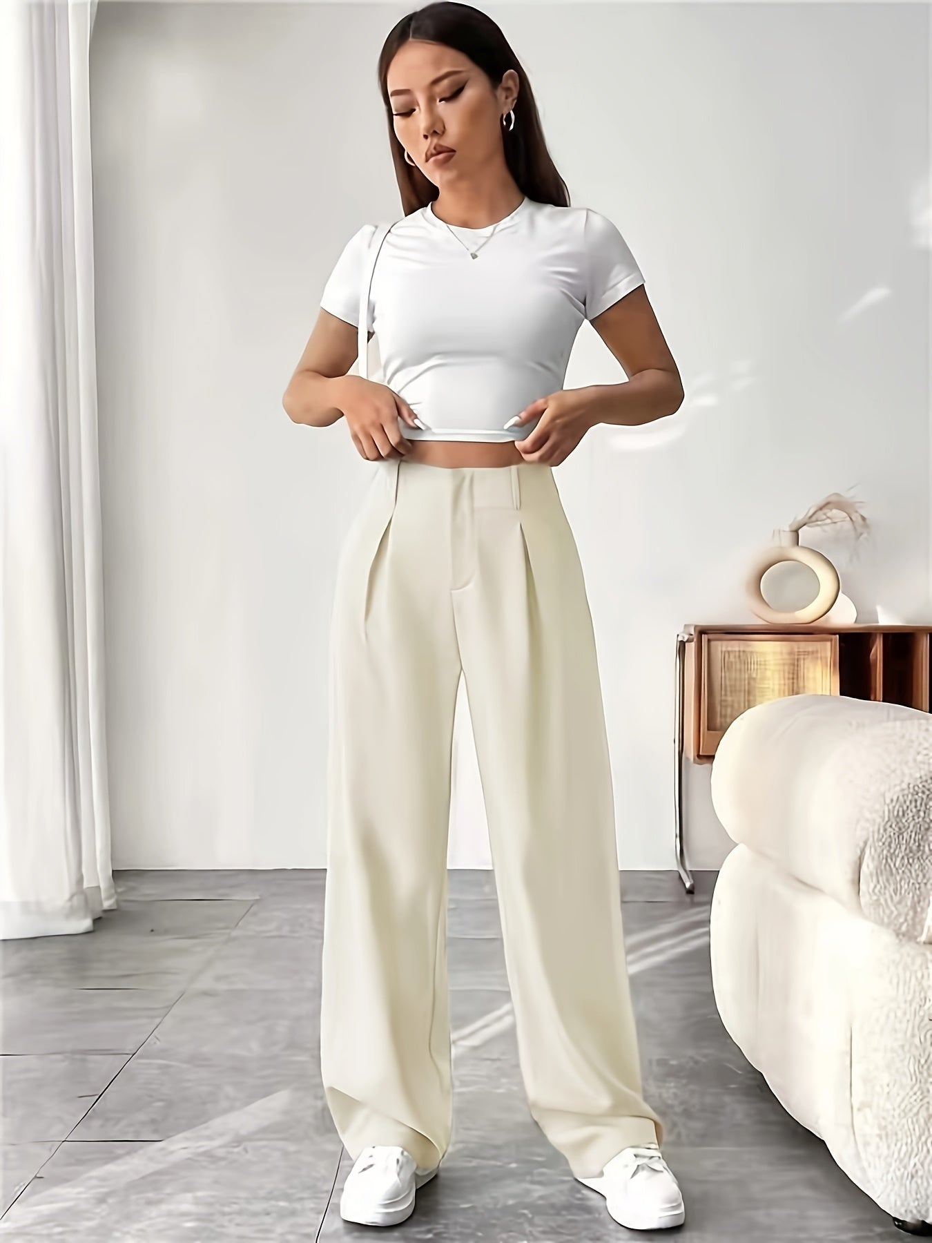 Women's Casual Wide-Leg Pants with High Waist and Slight Flare - Solid Color, Polyester, Machine Washable