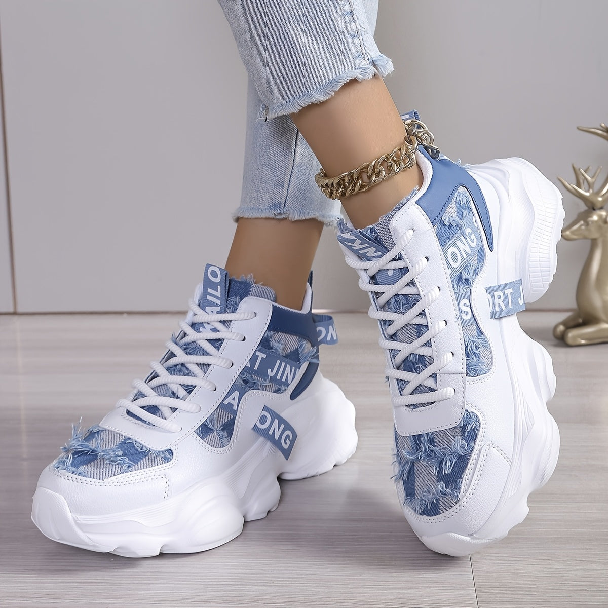 Women'S High-Top Fashion Sneakers with Plaid Pattern, Lightweight EVA Sole, Lace-Up Closure, Fabric Insole, and Tassel Embellishment - All-Season Sports Shoes with Random Printing Design, Ladies Sneakers