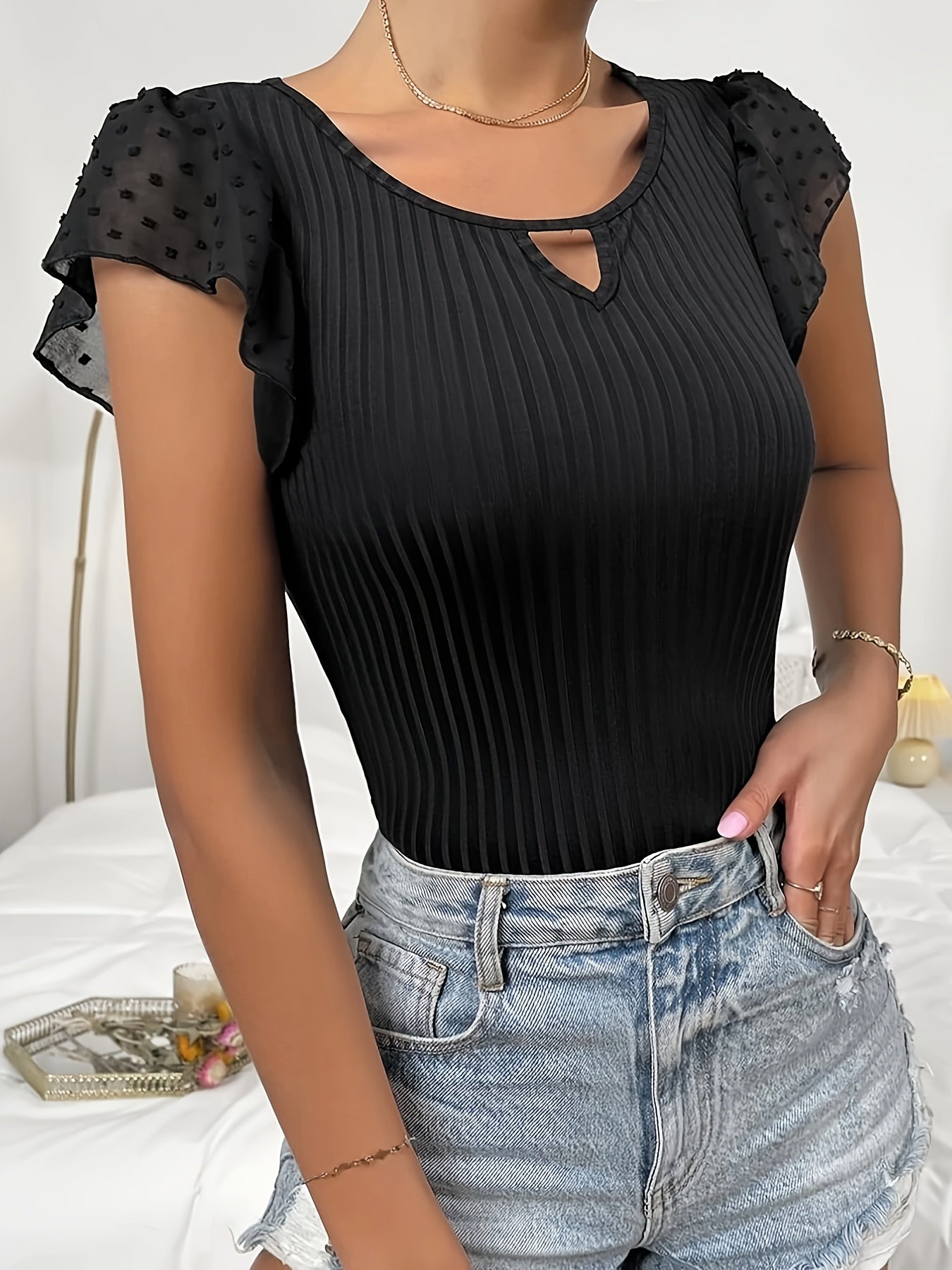 Women's V-Neck Lace Sleeve Top - Middle Eastern-Inspired Breathable Stretchy T-Shirt, Solid Blue Machine Washable Spring/Summer Casual & Formal Wear, Summer Outfit, Feminine Style, Comfortable Fit, Stylish Blouse, Summer Ward