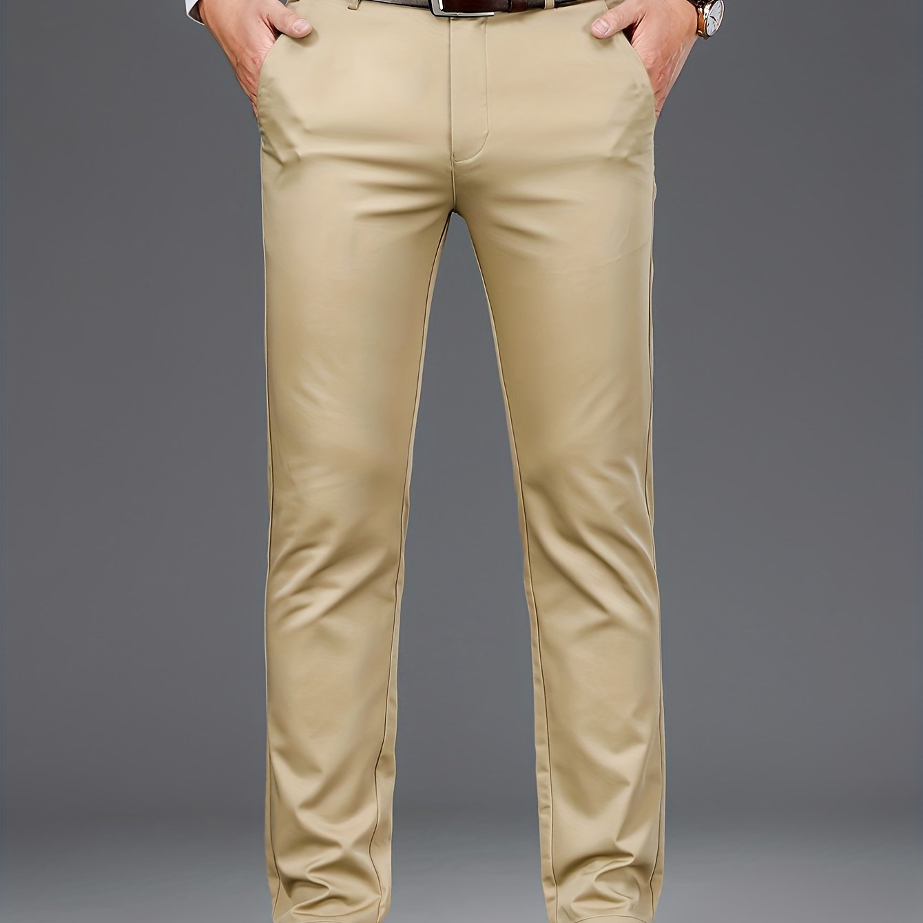 Men'S Stretch Fit Straight-Leg Trousers - Beige Business Casual Pants with Elastic Waistband, Perfect for Spring & Fall, Office Attire|Sleek Formal Attire|Comfortable Fit