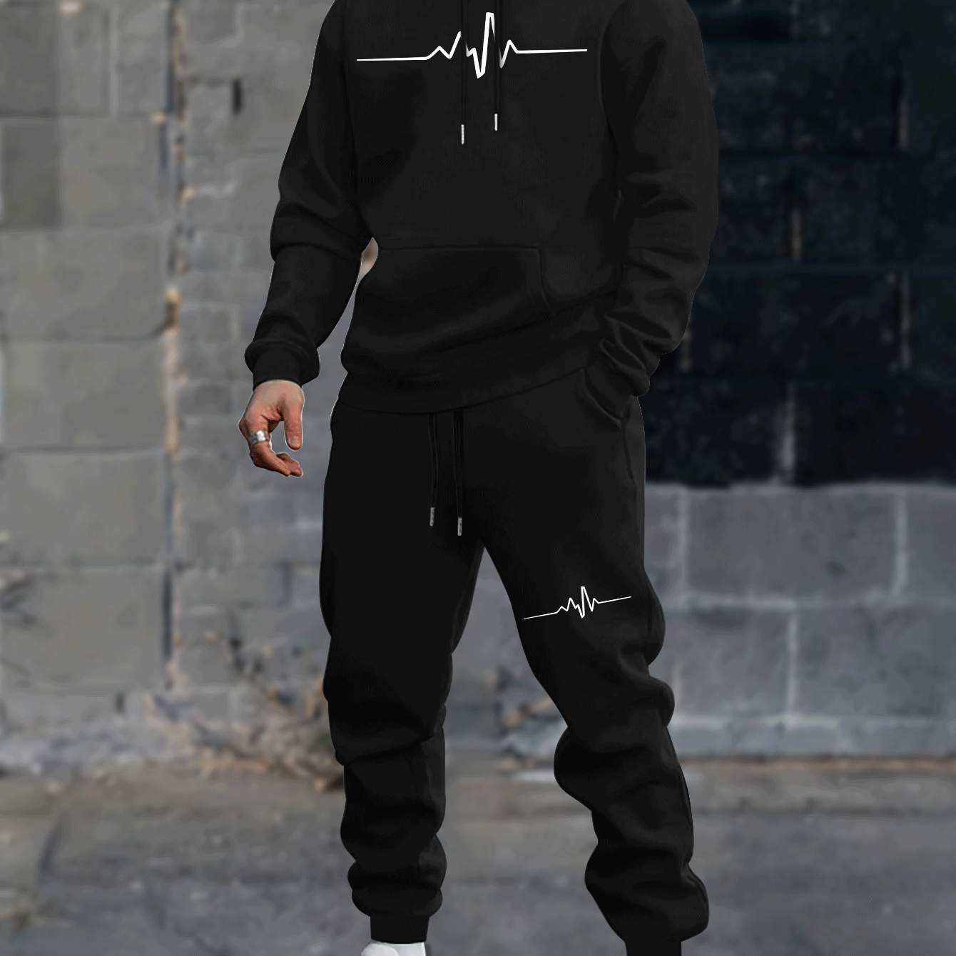 1set Men'S Casual Geometric Heartbeat Pattern Hoodie and Sweatpants Set, Polyester and Spandex Blend, Loose Fit, Hooded Pullover for Autumn/Winter
