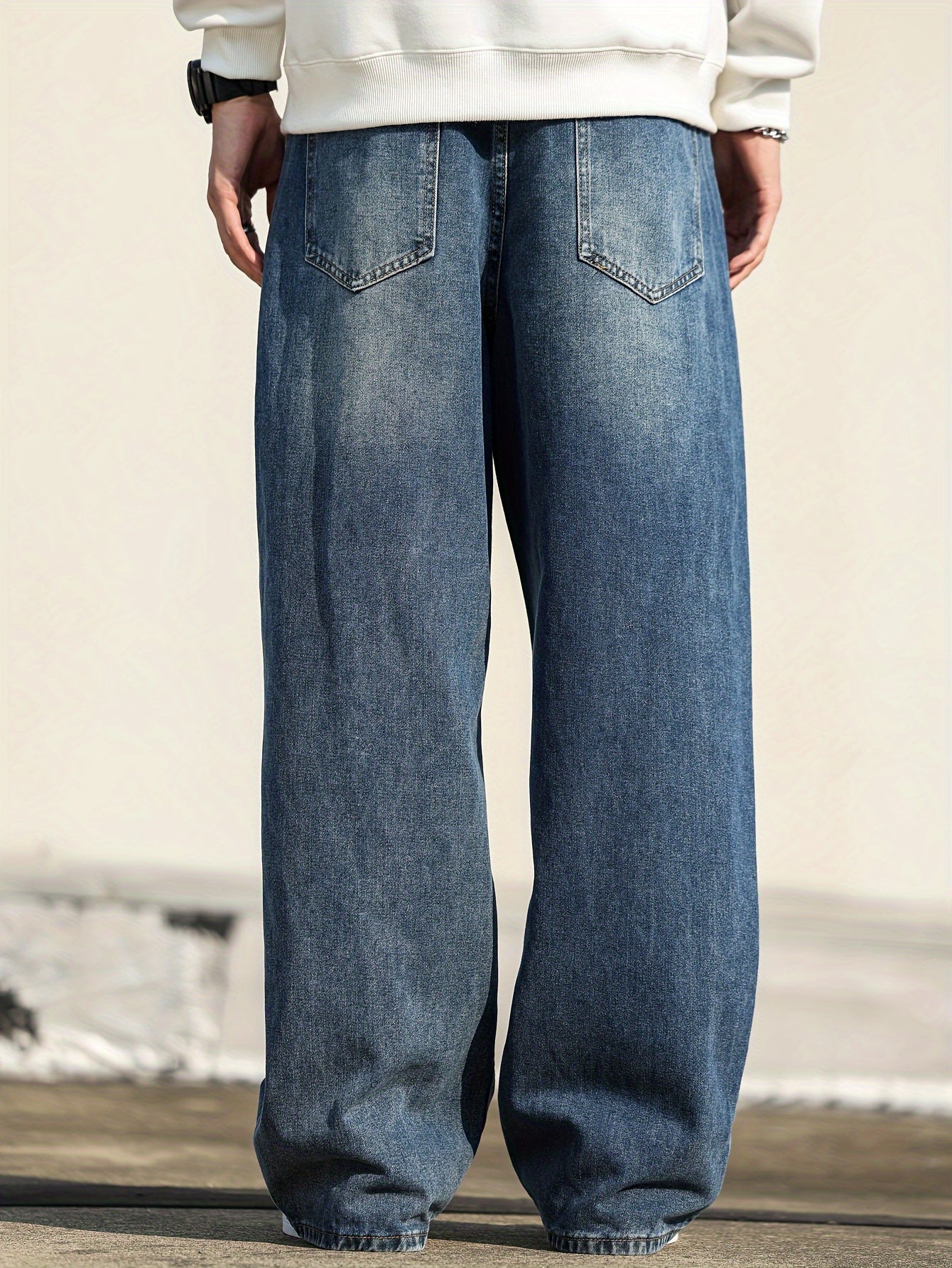 Men'S Casual Loose Fit Wide Leg Denim Jeans, Cotton Blend, Non-Stretch, Solid Color, with Pockets, for All-Season Wear, Fashionable Street Style Trousers