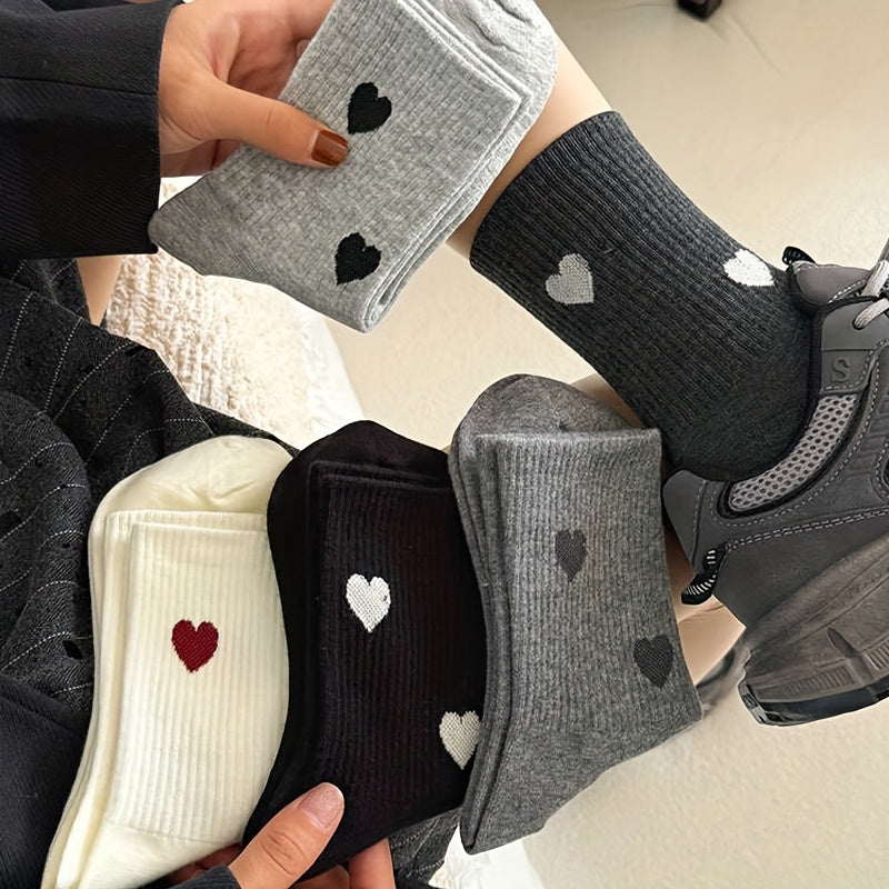 5 Pairs High-Quality Heart Socks Women's Fashionable Breathable Mid-Calf Socks
