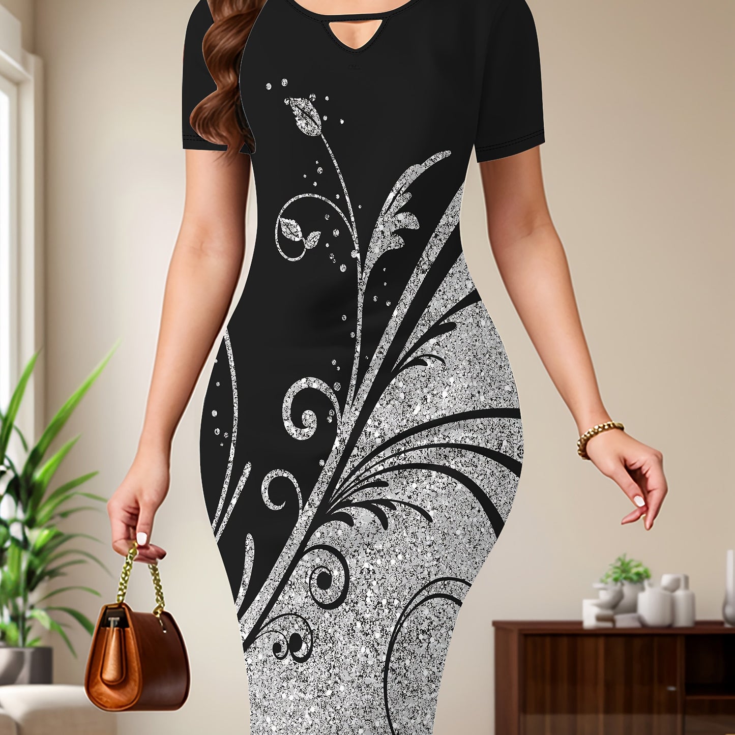 Women's Round Neck Short Sleeve Sports Dress with Butterfly Branch and Leaf Print for Festival Celebration and Outdoor Vacation