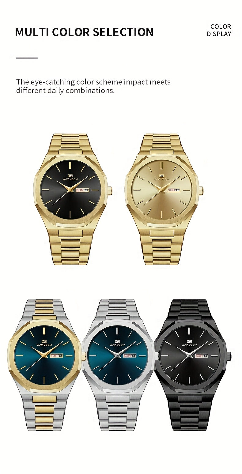 1pc Men'S Luxury Business Style Watch - Blue & Golden Stainless Steel, 42mm, Dual Calendar Quartz Movement, VA VOOM Brand, Outdoor Sports & Leisure Gift, Outdoor Sports Watch | Elegant Watch Design | Quartz Watch Movement, Lu