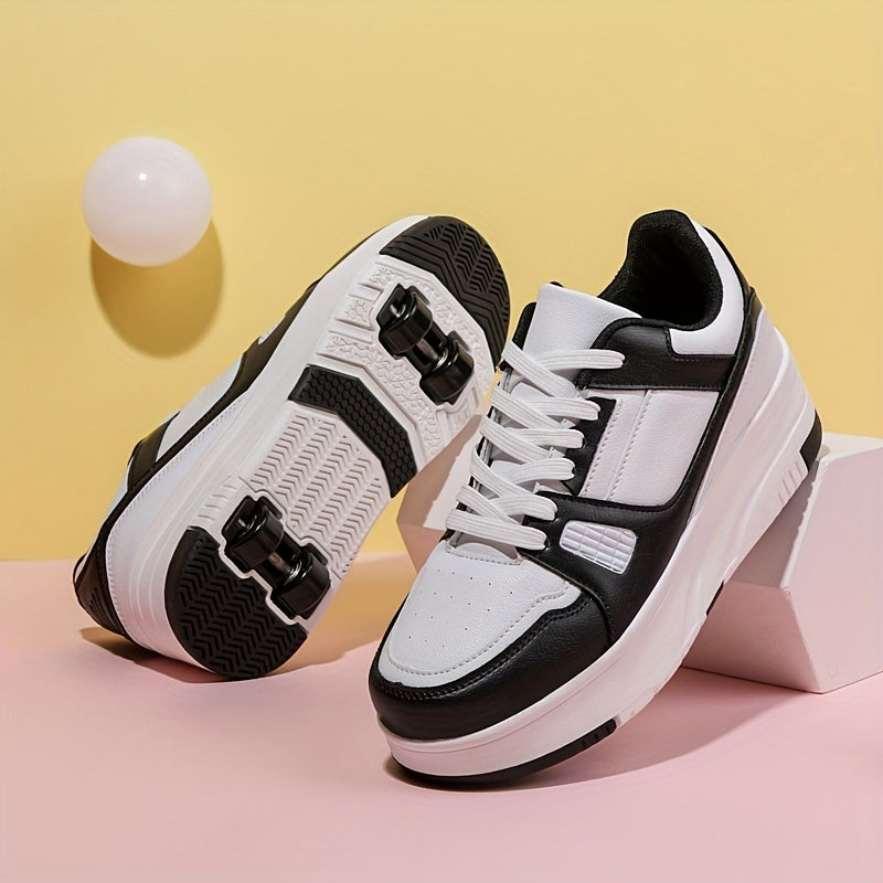 Kids Unisex Skateboard Shoes, 8-Wheel Removable Roller Skates, Plaid Fabric Low Top Sneakers, Lace-Up, TPR Sole, Fabric Insole, for Hiking & Casual Wear, Suitable for Boys & Girls Ages 14 and Under, All-Season