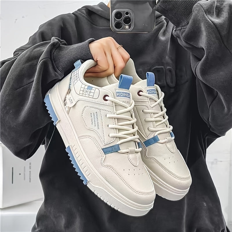 Men's Skate Shoes with Good Grip & Breathable Design - PU Upper, Cushioned PVC Sole, Black/Blue Letter Pattern Lace-Up Sneakers for All-Season Casual & Sports Wear, Allseason Shoes | Modern Casual Shoes | Comfortable Wear