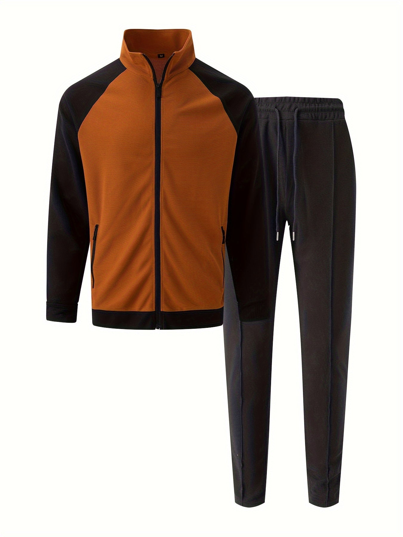 Men's Sporty Color Block Zip-Up Jacket & Joggers Set - Polyester Blend, Perfect for Spring/Fall