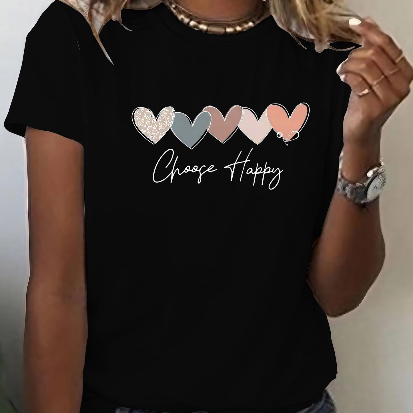 Women's Casual Sport T-Shirt, Round Neck, Heart And Happy Print, Short Sleeve, Soft Knit