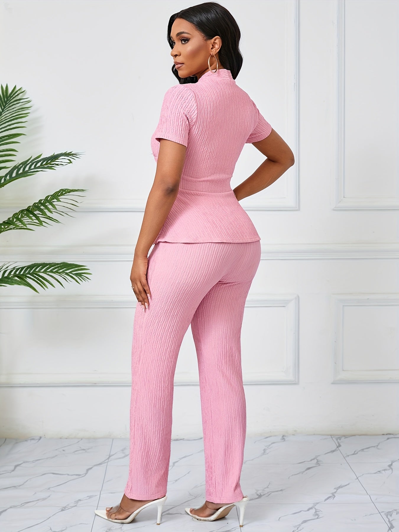 Women'S Elegant Casual Solid Color Textured Jumpsuit - Stylish Short Sleeve Top & Wide-Leg Pants, Perfect for All Seasons, Casual Attire|Textured Jumpsuit|Casual Style