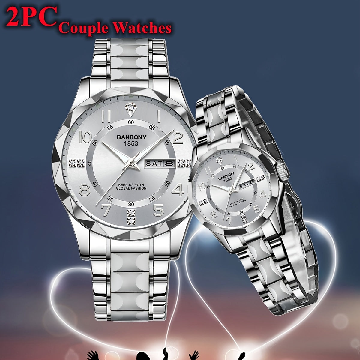 2pcs BNDBONY Brand Men And Women Couples Quartz Watch Stainless Steel Strap Scratch-Resistant Wear Luminous Pointer Digital Simple Hd Disc IPX7 Waterproof Fashion Multifunctional Couples Watch Holiday Couples Lover Birthday G