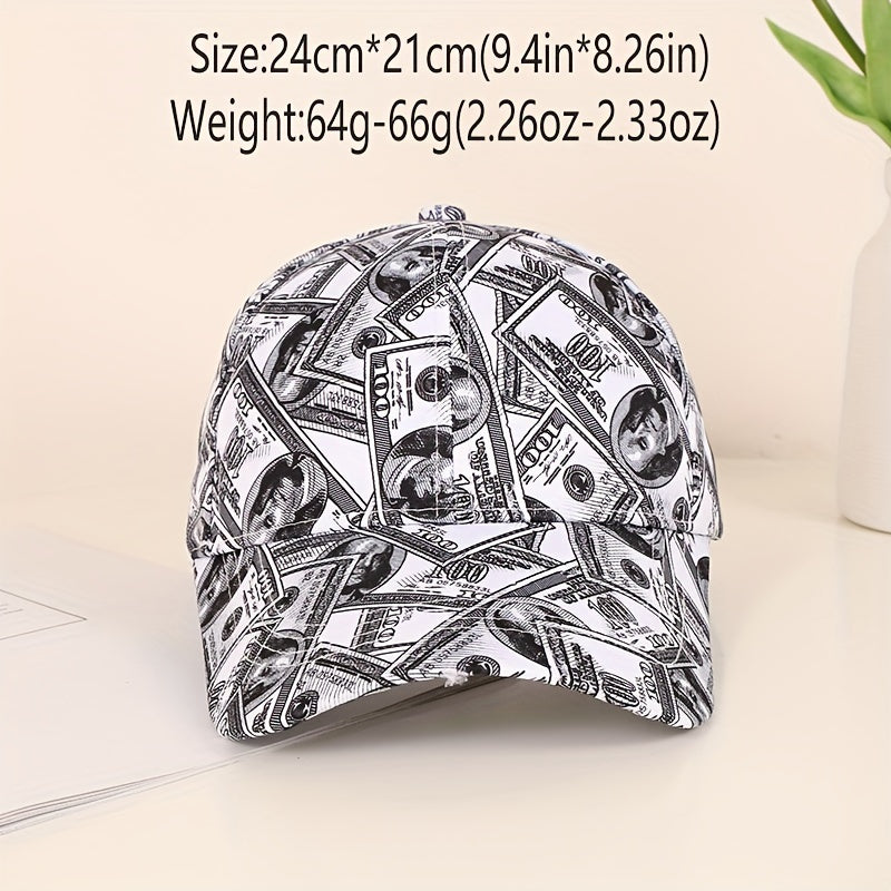 Funky Money Print Baseball Cap 100% Polyester Lightweight Adjustable Hip-Hop Hat Unisex for Music Festivals