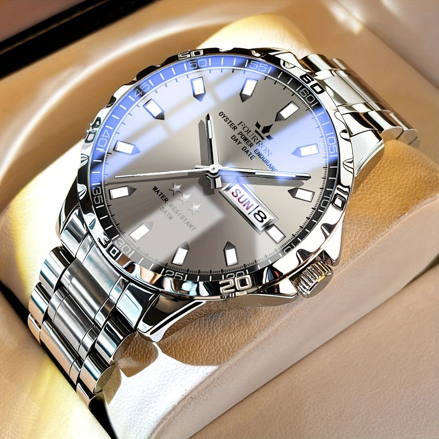 FOURRON Stainless Steel Quartz Watch with Black Dial, Date Display, Waterproof, Lightweight, Casual Style, Everyday Watch | Minimalist Watch | Stainless Steel Band