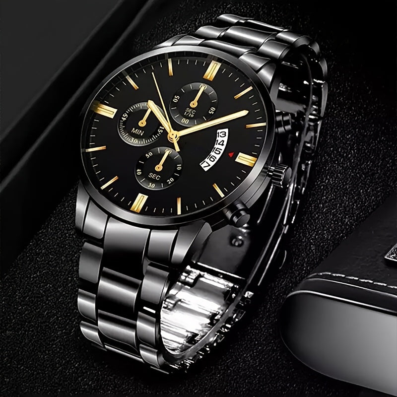 1pc Men's Stylish Black Stainless Steel Quartz Watch - Elegant Round Dial, Durable Analog Display, Perfect Gift for Valentine's Day, Birthday, Christmas, etc., Gift Watches | Elegant Wristwatches | Analog Watches