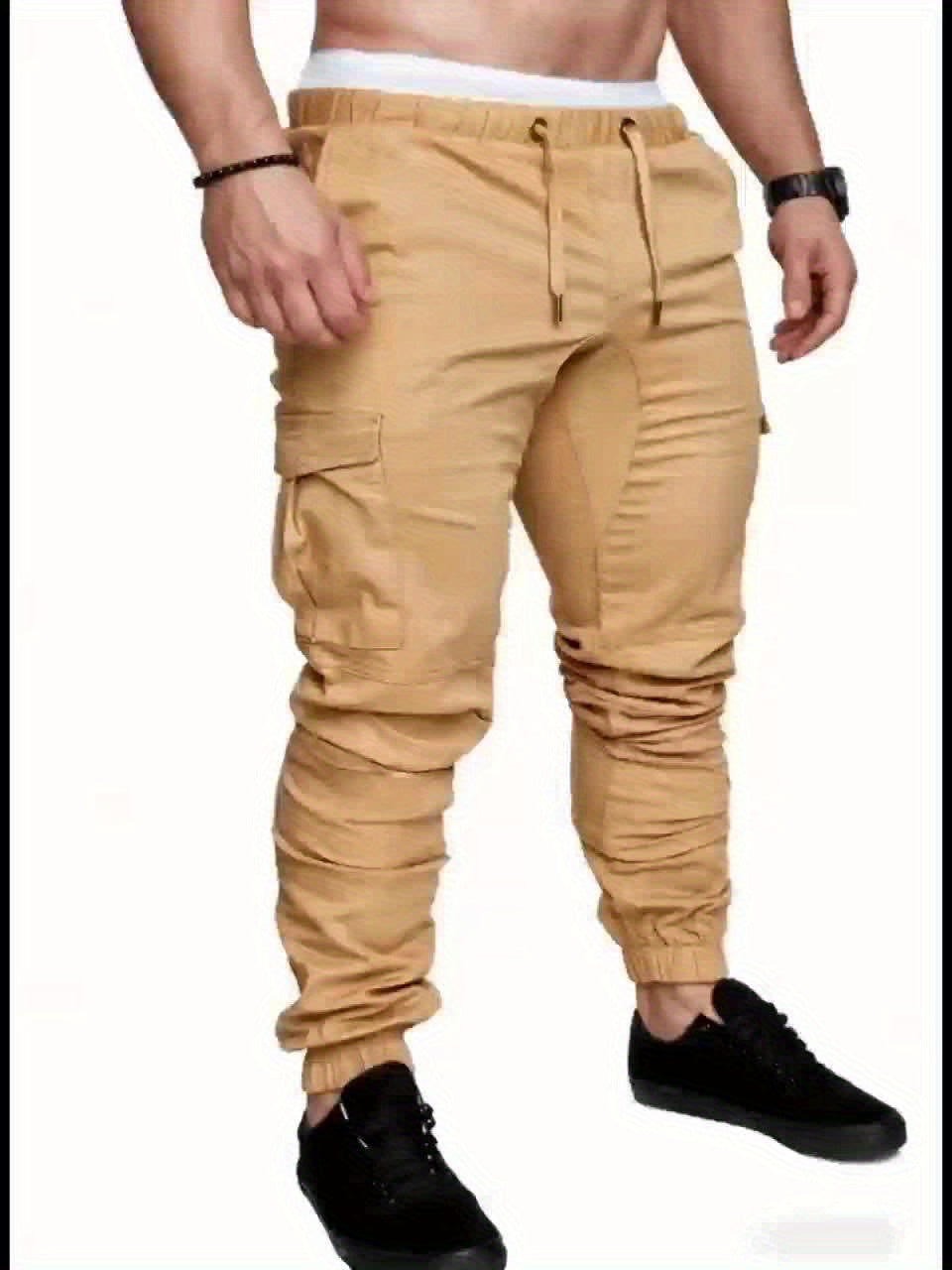 3-Pack Men'S Casual Cotton Cargo Pants, Solid Color, Non-Stretch, Regular Length, Drawstring Waist, Four Seasons, Standard Fit, Woven Fabric