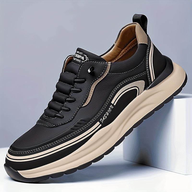Men's Breathable Lightweight Casual Sneakers - Soft EVA Sole, White & Brown Low-Top Lace-Up Shoes for Casual Attire & Light Running, All-Season Comfort, Sleek Shoe Design, Daily Walking, Minimalist Style, Flexible Sole, Urban