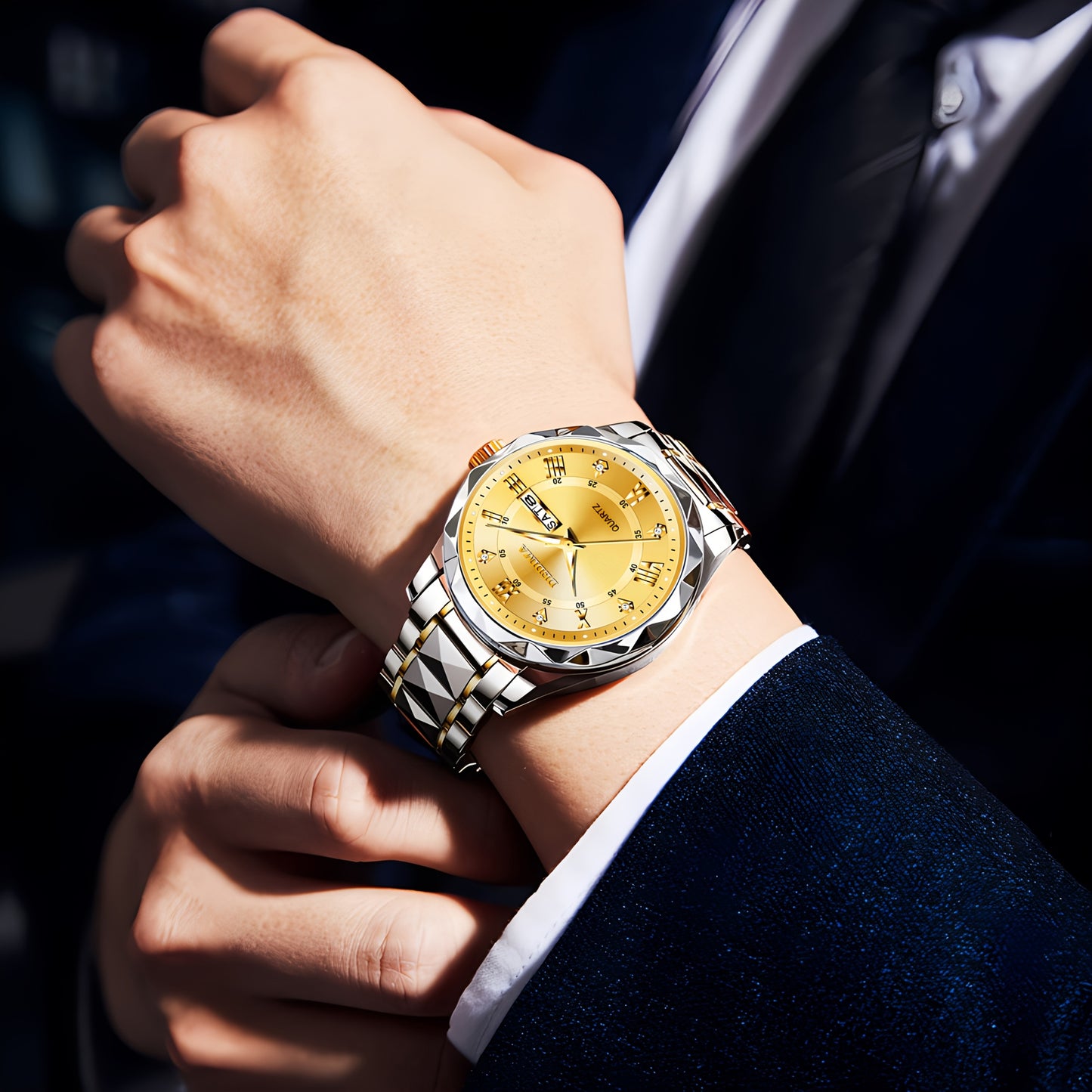 Elegant Men's Stainless Steel Watch with Dual Calendar, Luminous Display & Rhinestone Accents - Perfect for Business or Casual Wear