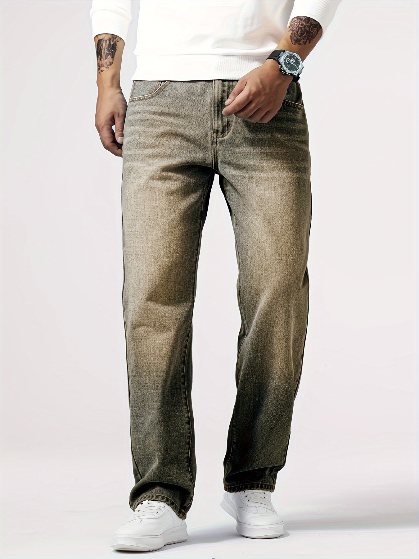 Men'S Loose Fit Straight Leg Jeans, Cotton 85% Polyester 15% Denim, Washed Solid Color Casual Style