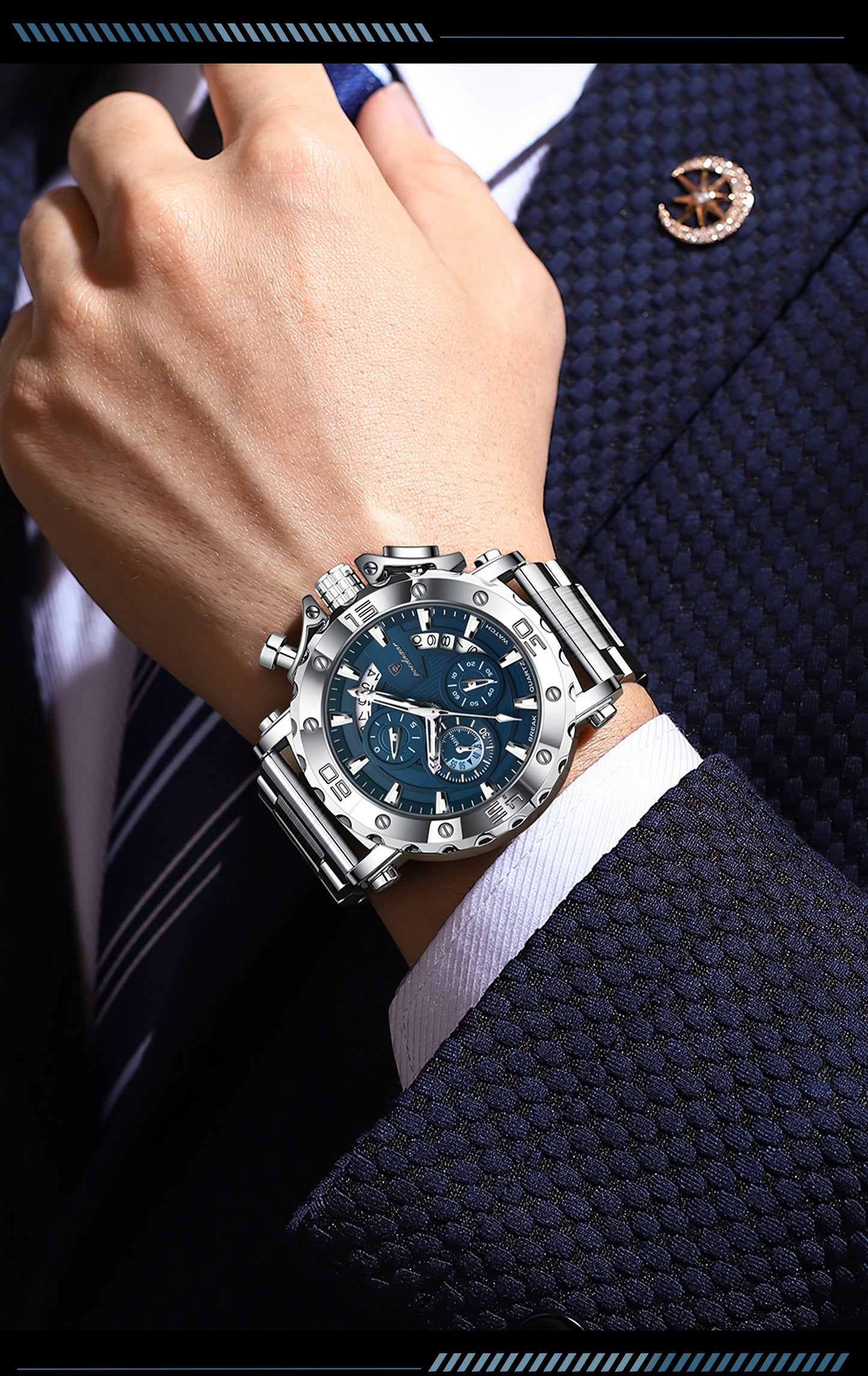 POEDAGAR Men'S Luxury Stainless Steel Business Watch with Date Display, 3ATM Blue Dial, Rotating Bezel, Alloy Case, Quartz Movement - Elegant Formal Accessory, Formal Accessory|Luxurious Watch|Quartz Movement Watch