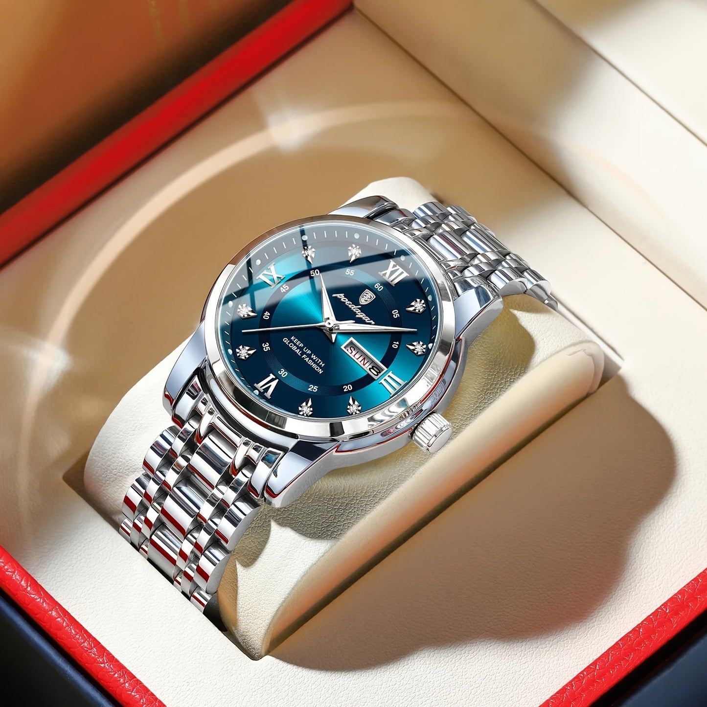 POEDAGAR Men&Women&Apos;S Calendar Week Luminous Stainless Steel Watch - Trendy Casual Quartz Wristwatch with Blue Dial, Roman Numerals, And Date Display, Ideal Gift for Sports Enthusiasts, Casual Wear Watch | Trendy Casual W