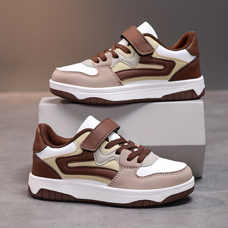Boys' Stylish Low-Top Sneakers - Lightweight, Breathable Faux Cover with Striped Design, Hook-and-loop Fastener Strap, Perfect for Casual Running & Sports - Brown & White, Running Shoes