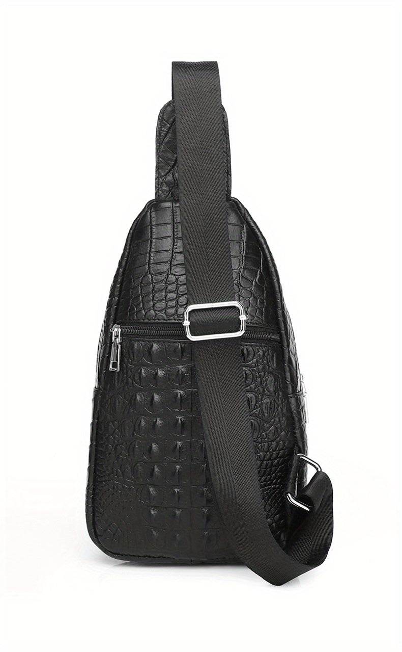 SCHLATUM Genuine Leather Crocodile Pattern Sling Bag - Black, Large-Capacity Multifunctional Crossbody Backpack for Travel, Sports & Camping, Stylish Zipper Closure Design