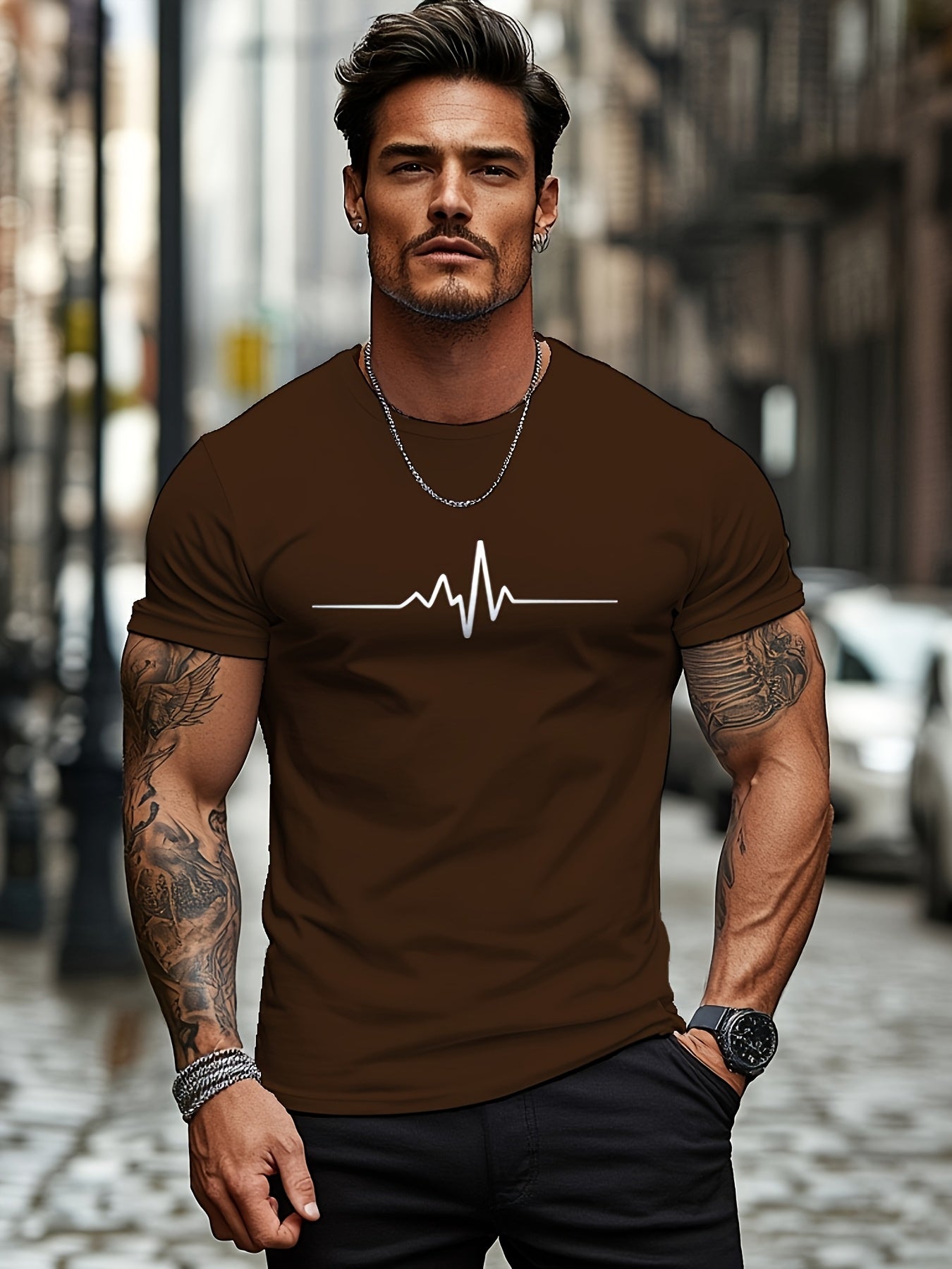 Men'S Brown T-Shirt with ECG Heartbeat Graphic - Casual Streetwear, Short Sleeve, Round Neck, Stretch Fabric, All-Season Comfort, Casual Streetwear Tee | Round Neck Tshirt | Comfortable Fit