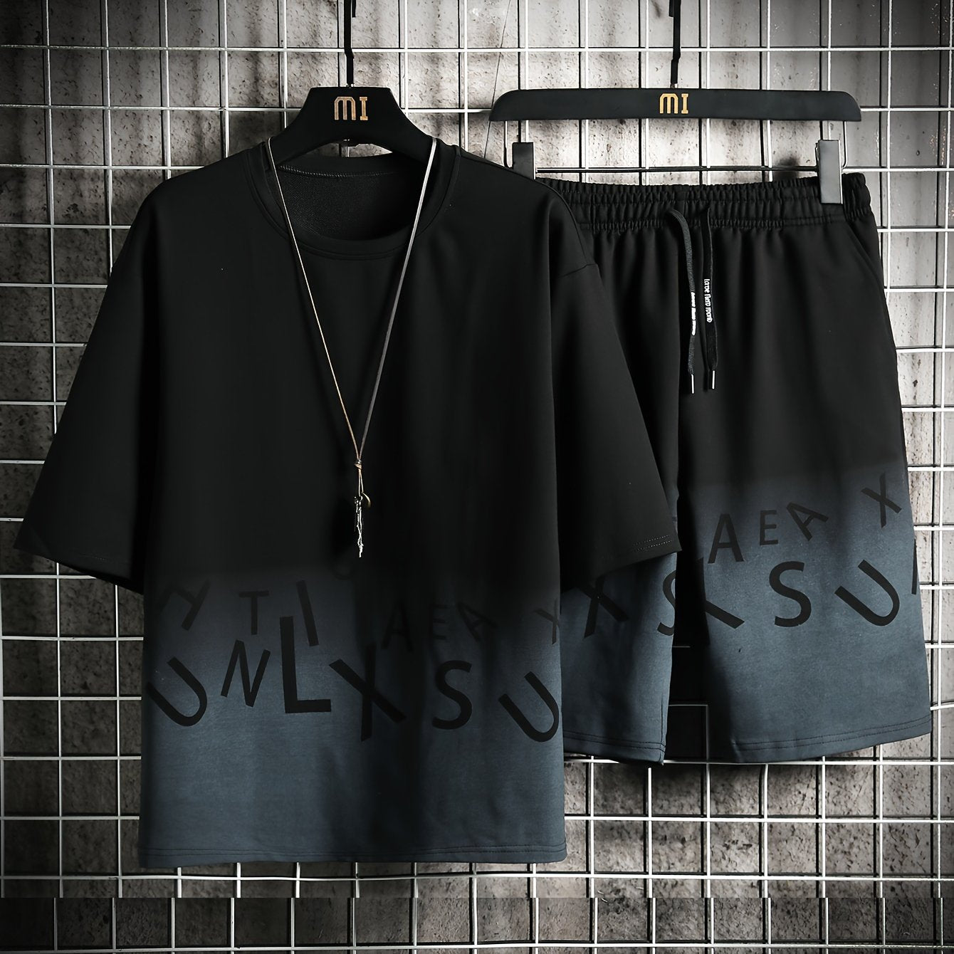 2-piece Men's Stylish Gradient Summer Outfit Set, Men's Short Sleeve Cotton Blend T-shirt & Drawstring Shorts Set