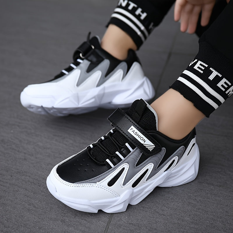 Boys' Athletic Sneakers with Hook-and-loop Fastener Strap - Casual Outdoor Sports Shoes, PU Upper, EVA Sole, Striped/Diamond Pattern, All-Season Wear, Boy Shoes