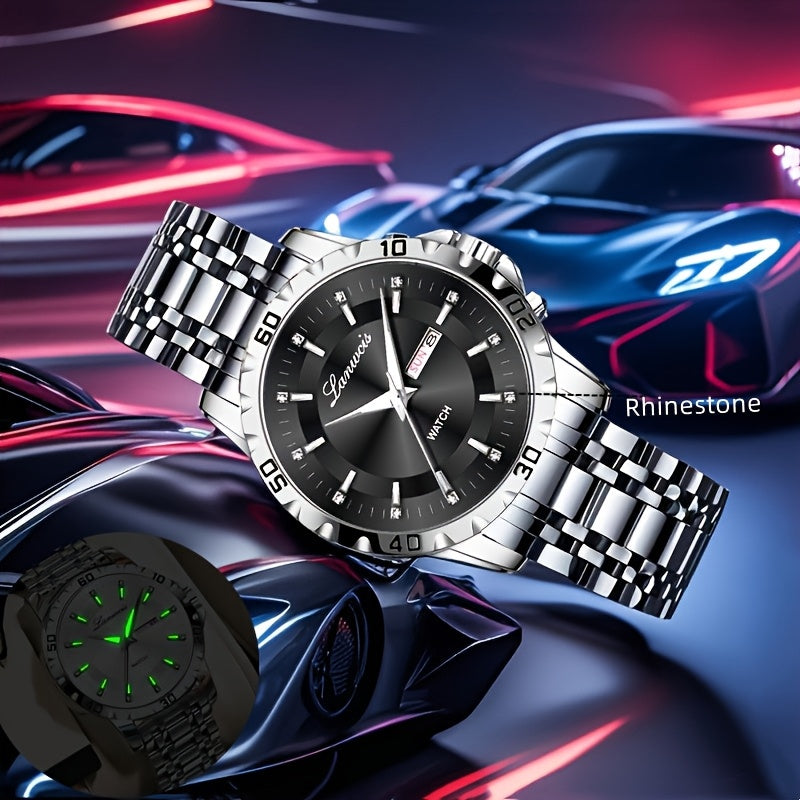 1pc Men's Business Style Stainless Steel Strap Watch - IPX7 Waterproof, Luminous Hands & Dial, Calendar & Week Display, Quartz Movement, Travel Leisure Sports Watch with Gift Box, Luxury Wristwatch | Sleek Metallic Finish | D