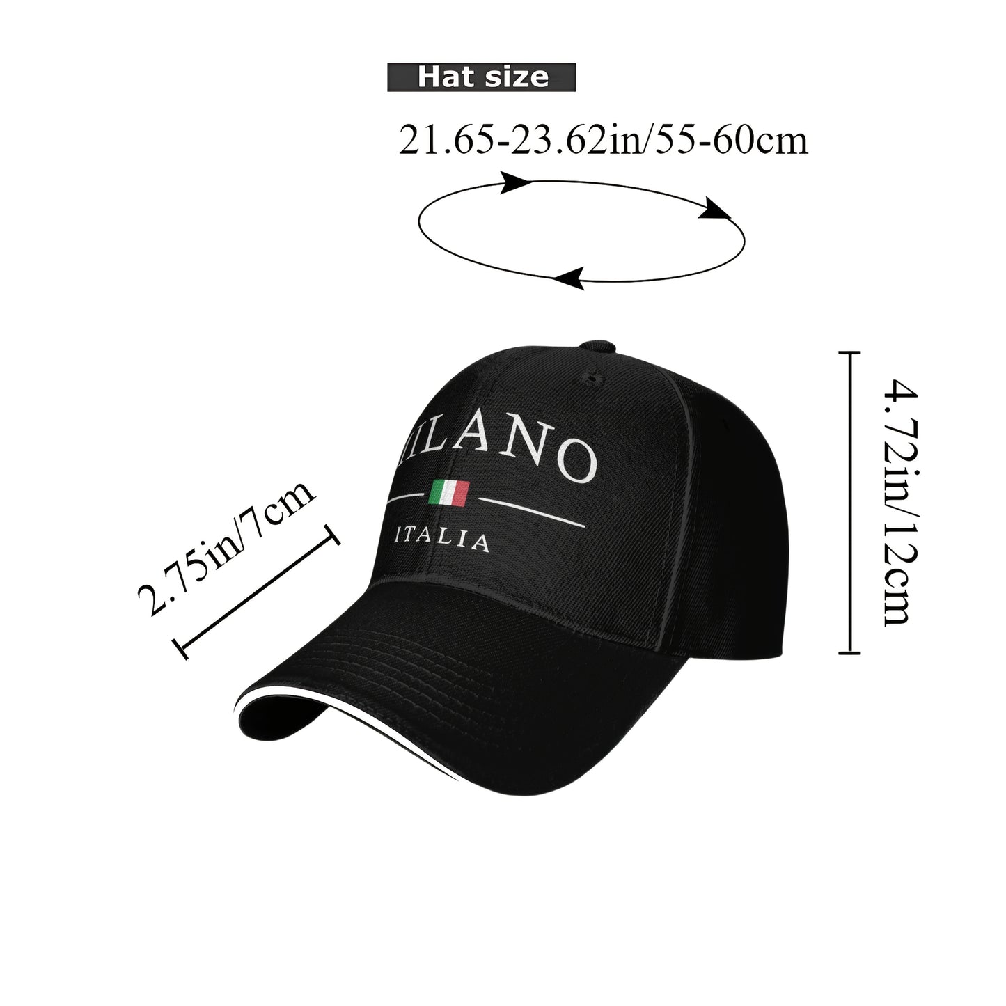 Adjustable Milan, Italy Print Baseball Cap - Breathable Polyester Dad Hat with Italian Flag Design, Black & White, Perfect for Outdoor Activities, Casual Wear, and Gifts
