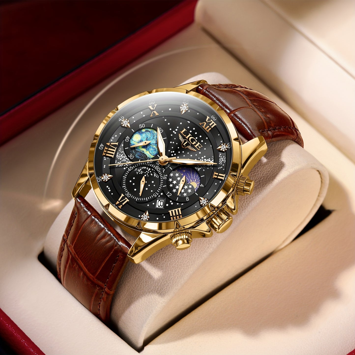 LIGE Luxury Quartz Chronograph Watch with Luminous Hands - Elegant Round Alloy Case, Blue Dial with Roman Numerals, Starry Night Design, Button Battery, Faux Leather Strap, Stylish Accessory|Starry Night Design|Luminous Hands