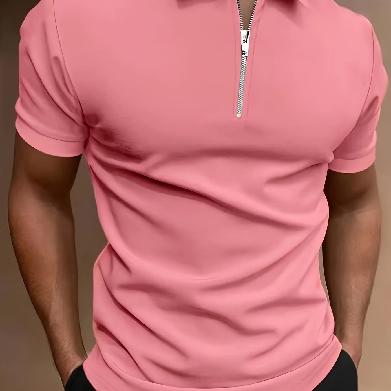 Casual Stretch Men's Solid Color Zipper Lapel Golf Shirt, Male Summer Streetwear