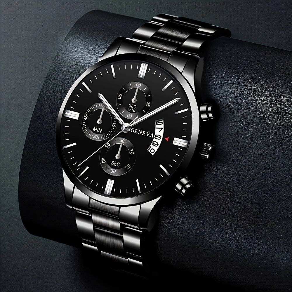 Men'S Business Round Quartz Watch with Calendar Display, Black Stainless Steel Strap, Electronic Movement, Perfect Gift for Valentine'S Day, Easter, Halloween, Ramadan, Birthdays, Christmas