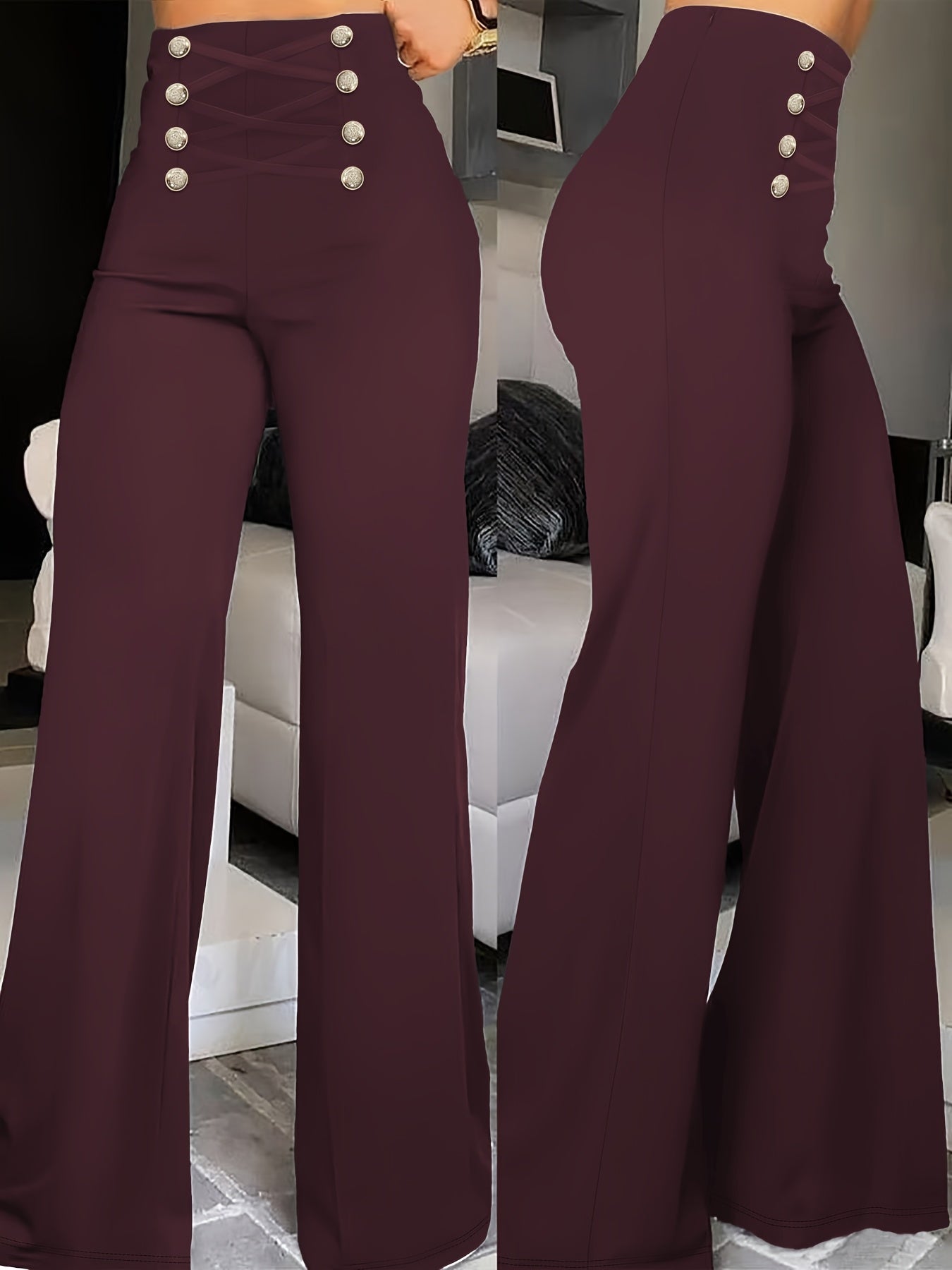 Elegant Double-Breasted Waistband Casual Pants, Solid Color, Polyester, Machine Washable - All Seasons, Queen Style, High-Grade Design
