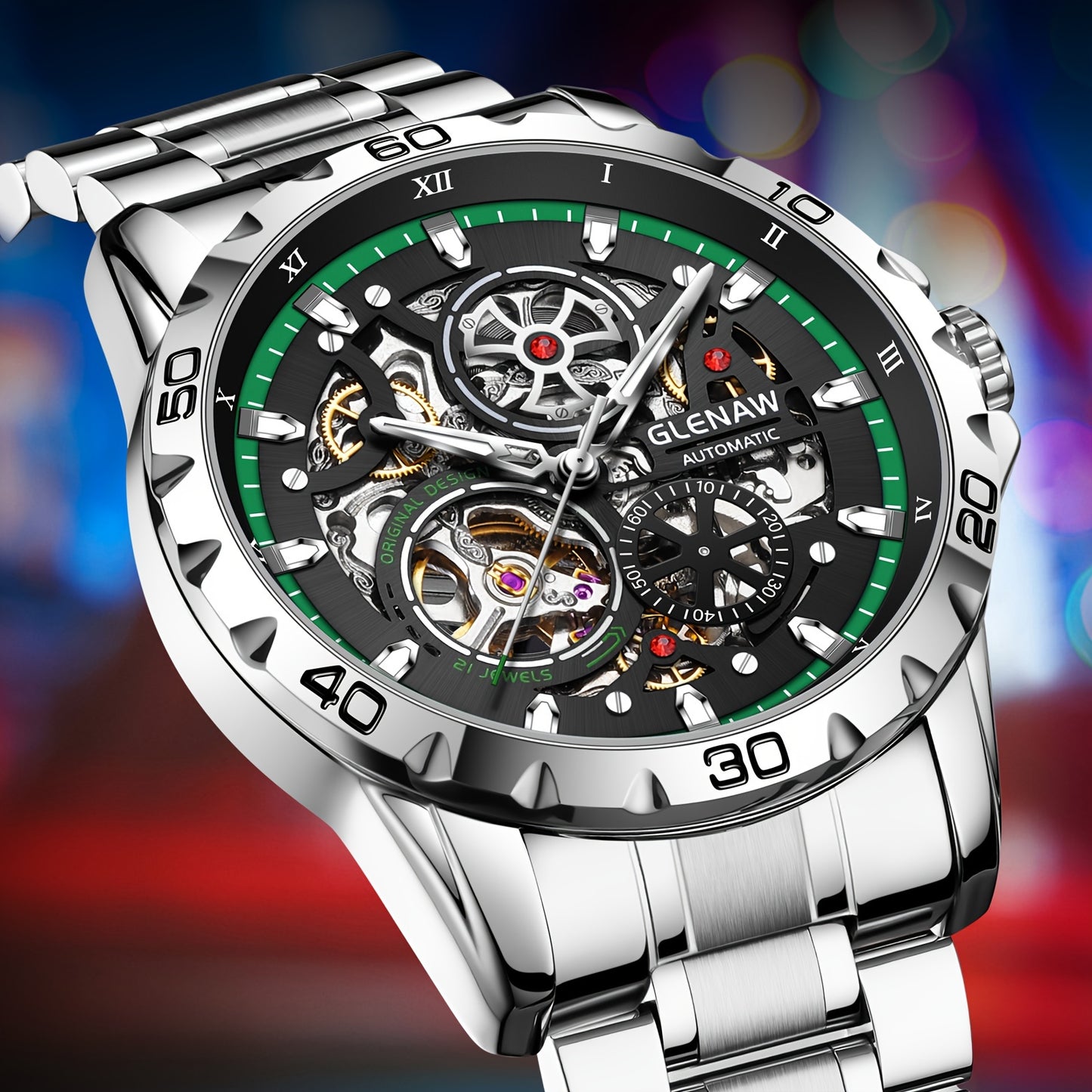 GLENAW Men's Automatic Skeleton Watch - Self-Winding Mechanical Watch with Flywheel Rotation, Transparent dial, Date Display, Stainless Steel Band - No Battery Needed, Wristwatch for Everyday & Formal Events - Ideal Gift for