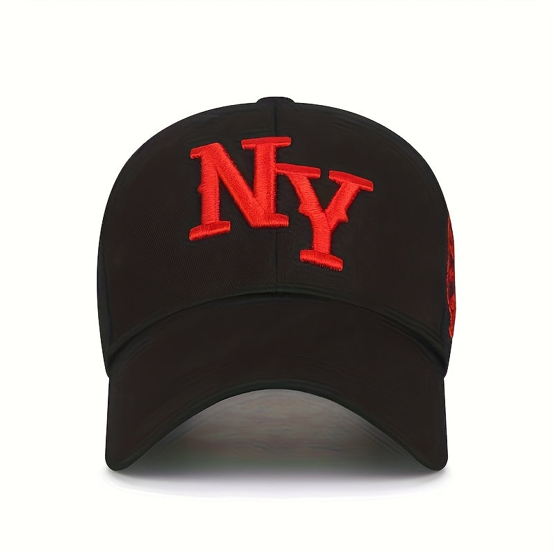 Unisex Fashion Casual Embroidered New York Logo Baseball Cap - Adjustable, Hip-Hop Style, Black & White, Black with Red Accents, Available in Two Colors, Perfect for Exercise, Running, Parties, Golf, and Beach Outings