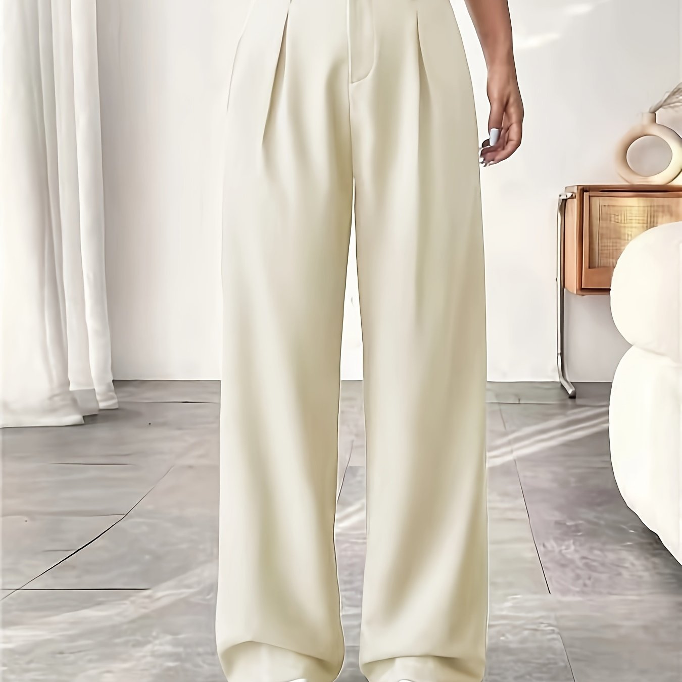 Women's Casual Wide-Leg Pants with High Waist and Slight Flare - Solid Color, Polyester, Machine Washable
