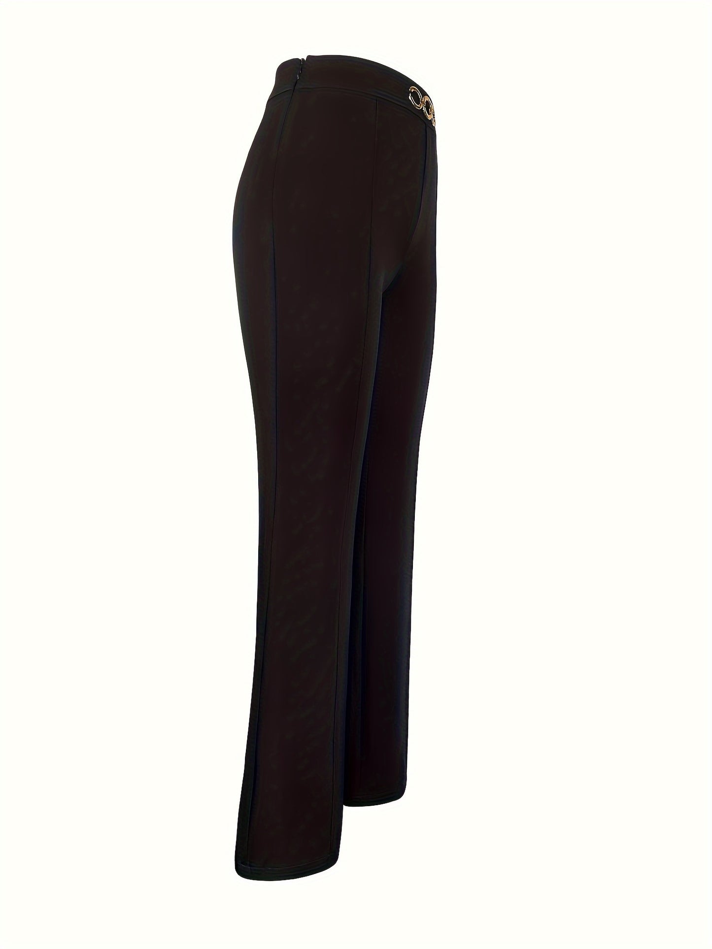 Elegant Women's Navy Blue Straight-Leg Pants with Golden Metal Accent Buttons - Chic & Versatile, High-Waisted, Polyester Blend, Machine Washable - Perfect for Work & Everyday Elegance