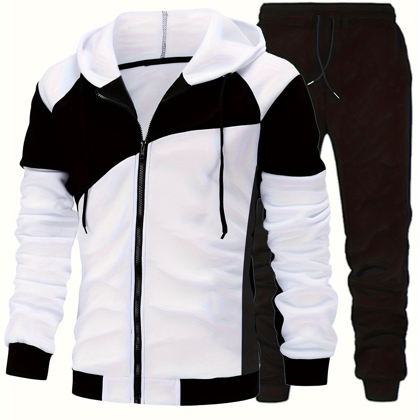 Men's Autumn Color-Blocked Zip-Up Hoodie with Side Pockets And Solid Color Drawstring Long Pants Set.